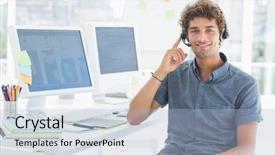  Presentation with computers - Beautiful PPT layouts featuring portrait of a smiling casual young man with headset sitting by computers in a bright office backdrop and a light blue colored foreground