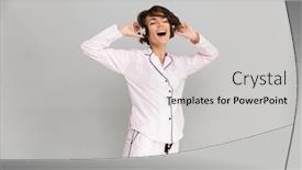  Presentation with music singing - Cool new theme with portrait of a smiling cheerful girl in pajamas listening to music with headphones and singing isolated over gray background backdrop and a light gray colored foreground