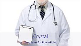  Presentation with record - Slide deck enhanced with portrait of a smiling doctor with health record on white background background and a sky blue colored foreground