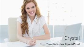  Presentation with writing - Audience pleasing slide set consisting of portrait of a smiling elegant businesswoman writing document at desk in a bright office backdrop and a sky blue colored foreground