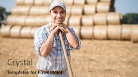  Presentation with field - PPT theme featuring portrait-of-a-smiling-farmer background and a coral colored foreground