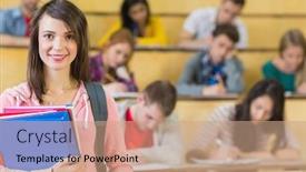  Presentation with lecture hall - Presentation theme with portrait of a smiling female with students sitting at the college lecture hall background and a coral colored foreground