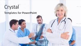  Presentation with medical smiling doctor - Presentation theme featuring portrait of a smiling female doctor with colleagues in meeting at a medical office background and a sky blue colored foreground