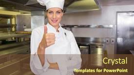  Presentation with kitchen - Presentation design featuring portrait of a smiling female cook gesturing thumbs up in the kitchen background and a tawny brown colored foreground