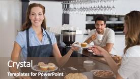  Presentation with snacks - Colorful slides enhanced with portrait of a smiling female cafe owner with sweet snacks and couple at counter in the coffee shop backdrop and a violet colored foreground