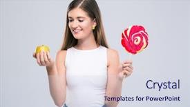  Presentation with lollipop - Colorful PPT theme enhanced with portrait of a smiling female teenager holding apple and lollipop isolated on a white background backdrop and a sky blue colored foreground