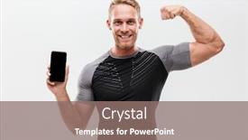  Presentation with flexing - PPT theme featuring portrait of a smiling fit sportsman showing blank screen mobile phone isolated over white background flexing biceps background and a gray colored foreground
