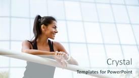  Presentation with rail - PPT layouts with portrait of a smiling fitness woman leaning on a rail and looking away outdoors background and a cool aqua colored foreground