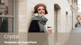  Presentation with wall street - Audience pleasing slide set consisting of portrait of a smiling girl dressed in autumn clothes holding coffee cup while leaning on a city street wall backdrop and a coral colored foreground
