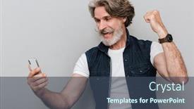  Presentation with man holding phone - PPT theme enhanced with portrait-of-a-smiling-handsome background and a ocean colored foreground