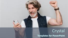  Presentation with man holding phone - Colorful presentation design enhanced with portrait-of-a-smiling-handsome backdrop and a ocean colored foreground