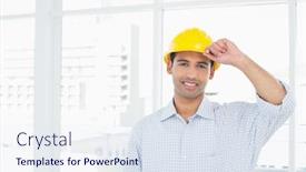  Presentation with handyman - Presentation design with portrait of a smiling handyman wearing a yellow hard hat against bright background background and a sky blue colored foreground