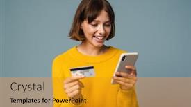  Presentation with credit card - Slide deck consisting of portrait-of-a-smiling-happy background and a gold colored foreground