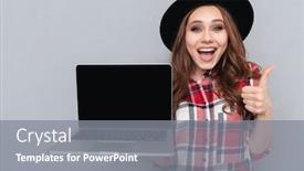  Presentation with laptop blank screen - PPT layouts with portrait of a smiling happy girl in plaid shirt holding blank screen laptop computer and showing thumbs up gesture isolated over gray background background and a gray colored foreground