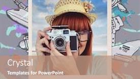  Presentation with retro - PPT layouts having portrait of a smiling hipster woman holding retro camera against composite image of mustaches background and a coral colored foreground