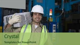  Presentation with newspapers - Slide deck enhanced with portrait of a smiling industrial operator carrying newspapers in factory background and a mint green colored foreground