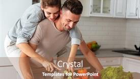  Presentation with standing sitting - PPT theme having portrait of a smiling loving couple cooking salad together while standing on a kitchen at home woman sitting on man's shoulders and cutting vegetables background and a coral colored foreground