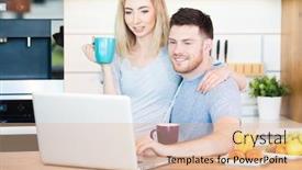  Presentation with breakfast - PPT layouts having portrait of a smiling loving couple having breakfast while sitting at the table in a kitchen at home and looking at laptop computer background and a lemonade colored foreground