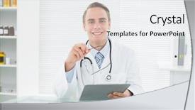  Presentation with medical smiling doctor - Cool new PPT theme with portrait of a smiling male doctor with digital tablet at medical office backdrop and a white colored foreground