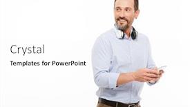  Presentation with man holding phone - PPT theme enhanced with portrait of a smiling mature man dressed in shirt with headphones holding mobile phone and looking away isolated over white background background and a white colored foreground