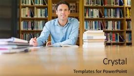  Presentation with student - Amazing slide deck having portrait of a smiling mature male student studying at desk in the library backdrop and a coral colored foreground