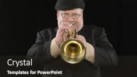  Presentation with trumpet - Audience pleasing PPT theme consisting of portrait of a smiling middle aged man playing trumpet isolated over black background backdrop and a tawny brown colored foreground