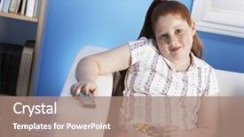  Presentation with junk food - Cool new slide set with portrait of a smiling overweight girl with remote control eats junk food on the couch backdrop and a coral colored foreground