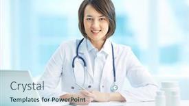  Presentation with physician - Audience pleasing presentation design consisting of portrait of a smiling physician working in her office backdrop and a sky blue colored foreground
