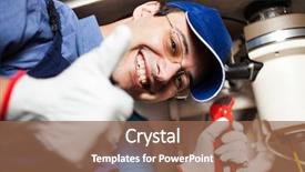  Presentation with plumber - Presentation featuring portrait of a smiling plumber at work background and a violet colored foreground