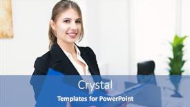  Presentation with secretary - Presentation theme having portrait-of-a-smiling-secretary background and a ocean colored foreground