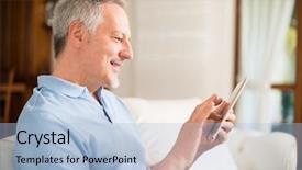  Presentation with senior living - Presentation having portrait of a smiling senior man using a digital tablet in the living room of his home background and a light blue colored foreground