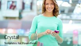  Presentation with text message - Slides having customer sms - portrait of a smiling shopper background and a mint green colored foreground