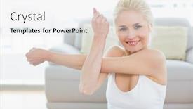  Presentation with sporty - Presentation consisting of portrait of a smiling sporty young woman stretching hand in a bright fitness studio background and a white colored foreground