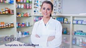  Presentation with lab coat - Cool new PPT layouts with portrait of a smiling student in lab coat looking at camera in the pharmacy backdrop and a sky blue colored foreground