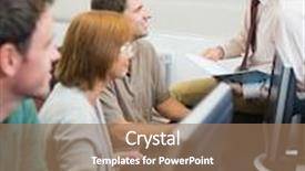  Presentation with computer room - Colorful presentation design enhanced with smiling teacher with mature students backdrop and a coral colored foreground