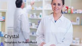  Presentation with writing notes - Colorful PPT theme enhanced with portrait of a smiling trainee writing down notes in the pharmacy backdrop and a light blue colored foreground