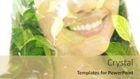  Presentation with illusion - Cool new slide deck with portrait-of-a-smiling-woman backdrop and a yellow colored foreground