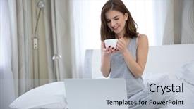  Presentation with coffe - Cool new PPT layouts with portrait of a smiling woman with coffe and laptop sitting on the bed at home backdrop and a lemonade colored foreground