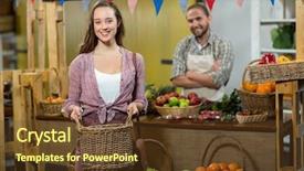  Presentation with grocery store - Audience pleasing slide deck consisting of portrait of a smiling woman holding a basket at the counter in the grocery store backdrop and a tawny brown colored foreground