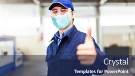 Presentation with covid coronavirus - Theme enhanced with portrait-of-a-smiling-worker background and a navy blue colored foreground