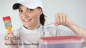  Presentation with paint brush - PPT layouts with portrait of a smiling worker with a brush and a paint can on white background background and a soft green colored foreground