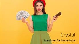  Presentation with mobile money - Beautiful PPT theme featuring portrait of a smiling young woman dressed in beret and green dress showing bunch of money banknotes and holding mobile phone isolated over yellow background backdrop and a yellow colored foreground