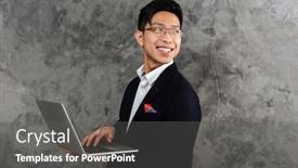  Presentation with space suit - Audience pleasing presentation theme consisting of portrait of a smiling young asian man dressed in suit holding laptop computer and looking away at copy space over gray background backdrop and a gray colored foreground