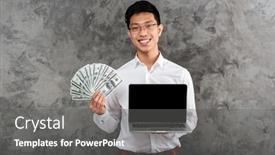  Presentation with laptop blank screen - Cool new PPT layouts with portrait of a smiling young asian man dressed in shirt showing blank screen laptop computer while holding bunch of money banknotes over gray background backdrop and a gray colored foreground