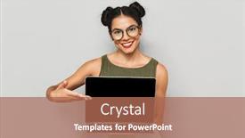  Presentation with laptop blank screen - Presentation theme featuring portrait of a smiling young woman isolated showing blank screen laptop computer background and a coral colored foreground