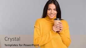  Presentation with takeaway coffee - Amazing theme having portrait of a smiling young woman dressed in sweater holding takeaway coffee cup isolated over grey background backdrop and a gold colored foreground