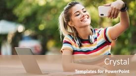  Presentation with computer music - Beautiful slides featuring portrait of a smiling young teenage girl sitting at the table with laptop computer at the park listening to music with headphones using mobile phone to take selfie backdrop and a coral colored foreground