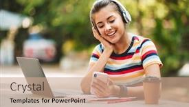  Presentation with music headphones - Presentation theme enhanced with portrait of a smiling young teenage girl sitting at the table at the park listening to music with headphones using mobile phone background and a coral colored foreground
