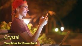  Presentation with social networks - PPT theme with portrait-of-a-smiling-young background and a tawny brown colored foreground