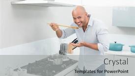  Presentation with food - Colorful presentation enhanced with portrait-of-a-smiling-young backdrop and a light gray colored foreground